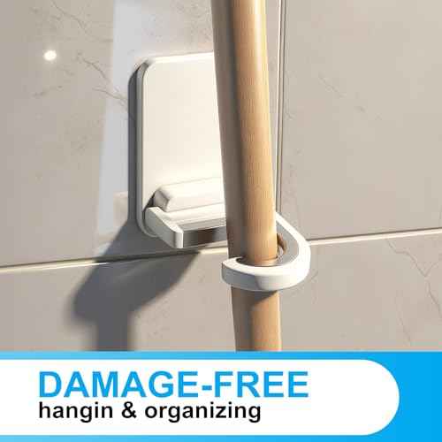 4pack Mop and Broom Holder Wall Mount Self Adhesive - No Drill Mop and Broom Handle Gripper, Household Cleaning Organizer for Organization and Storage, Holds up to 6 lb