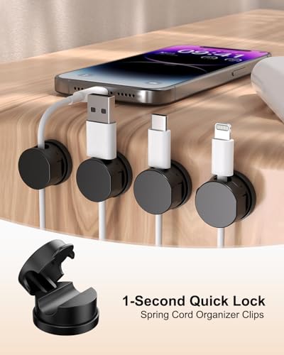 Black 12 Pack Rotatable Spring Cord Holders with Adhesive Clips for Cables