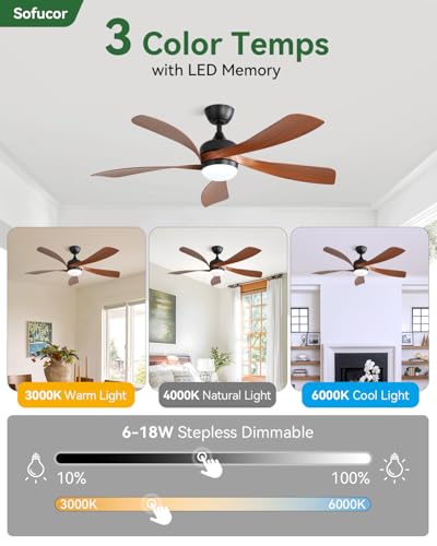 Sofucor 52 Inch Black & Brown Smart Ceiling Fan with Light, Alexa & Google Compatible
