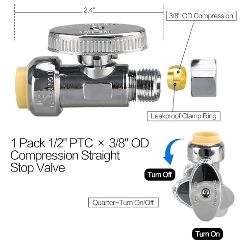 2 Pack Brass Straight Stop Valves 1/2" Push-to-Connect & 3/8" Compression, Reusable, for Plumbing