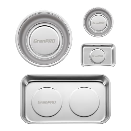 Grenpro 4-Pack Magnetic Parts Tray Set, Heavy-Duty 3/6 Inch Round & Square, Metallic Silver