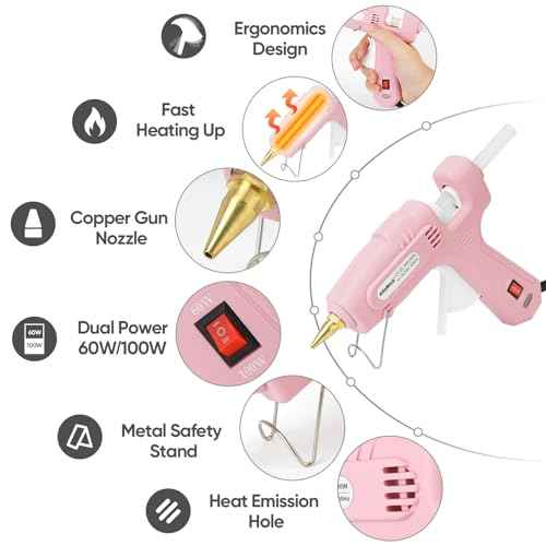 ROMECH Full Size Hot Glue Gun with 60/100W Dual Power and 21 Hot Glue Sticks (7/16"), Fast Preheating Heavy Duty Industrial Gluegun with Storage Case for Crafting, DIY and Repairs (Pink)