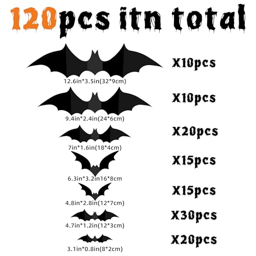 120PCS 3D Halloween Bat Wall Stickers Decor - Reusable PVC Bat Decorations