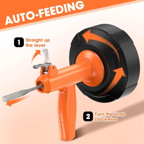 BACEYIOU Orange Auto Feed Drain Snake 25ft Flexible Plumbing Clog Remover