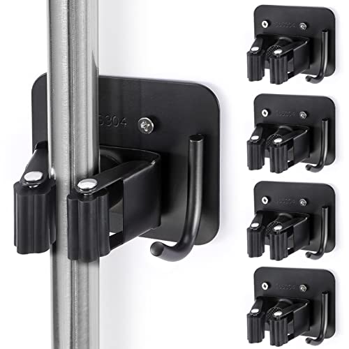 YUWANTING Black Stainless Steel Broom Holder - Heavy Duty Wall Mount Organizer with 4 Hooks & Grippers