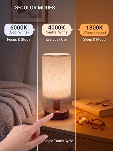 Wood Grain Rechargeable Cordless Touch Table Lamp with Dimmable 3-Color Light