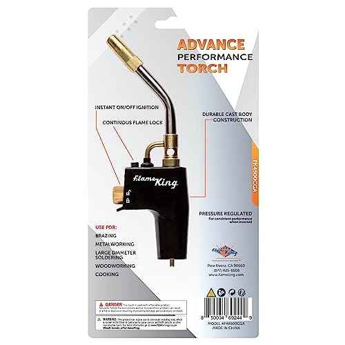 Flame King FK4500CGA High Intensity Propane Torch Head for Soldering, Brazing, Plumbing, Lighting Charcoal/Fire Pits, Compatible with 1LB Cylinders, MAPP, and MAP-PRO
