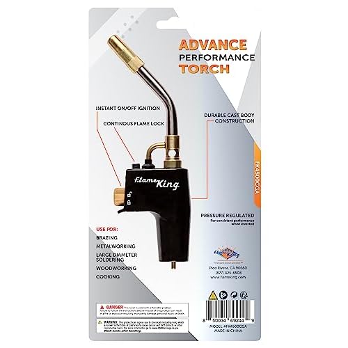 Flame King FK4500CGA High Intensity Propane Torch Head for Soldering, Brazing, Plumbing, Lighting Charcoal/Fire Pits, Compatible with 1LB Cylinders, MAPP, and MAP-PRO