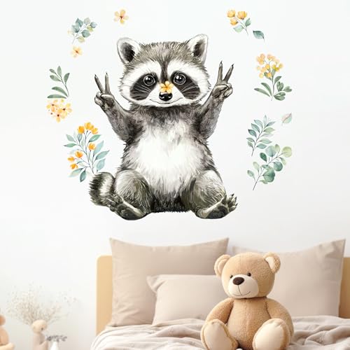 Yovkky Lovely Raccoon Wall Decals Stickers, Woodland Animals Flower Leaves Toddler Baby Nursery Decor, Forest Home Decorations Kids Bedroom Playing Room Classroom Art