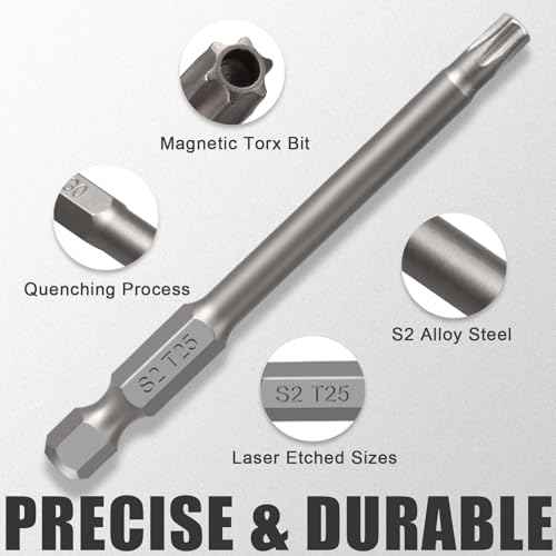 Torx Head Bit Set 02, 11-Piece 1/4 Inch Hex Shank T6 T7 T8 T9 T10 T15 T20 T25 T27 T30 T40 S2 Steel Torx Head Screwdriver Drill Set