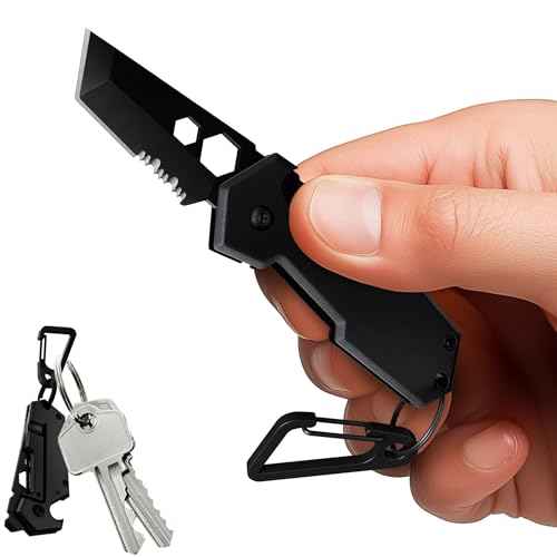 Mini Keychain Knife with Carabiner - 1.3" Tanto Serrated Blade - 6 in 1 Black Multitool - Bottle Opener Box Cutter Liner Lock - EDC Gadgets - Legal Folding Small Pocket Knives for Men Women Gifts 2248