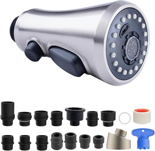 Hibbent 2.5GPM Kitchen Faucet Spray Head with 3 Modes, Brushed Nickel, 15 Adapters