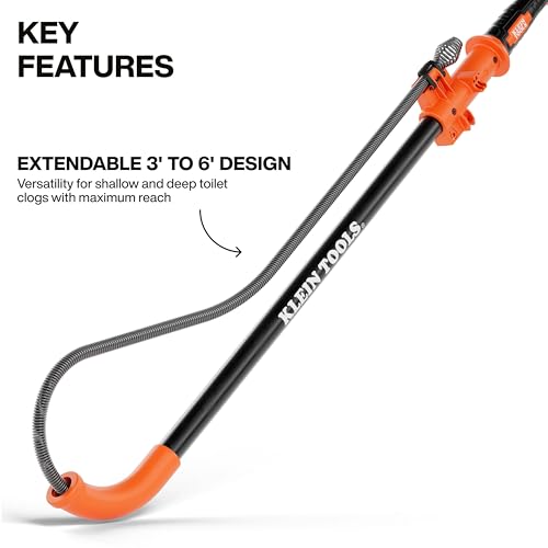 Klein Tools 53018 6-Foot Extendable Steel Toilet Auger with Manual & Drill Operation