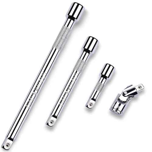 4-Piece 3/8 Inch Drive Extension Bar Set, Includes 3, 6, and 10 Inch Extensions and 3/8 Inch Drive Universal Joint Socket