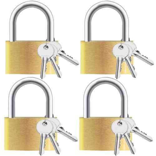 4pcs Solid Brass Padlock with Key, Small Pad Lock with Key, Padlocks with 12 Same Keys, Storage Lock Shackle for Locker Outdoor Indoor Use