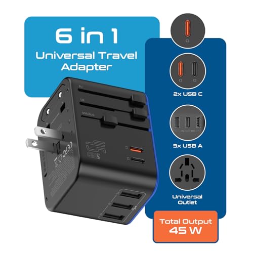 Ceptics 45W Universal Travel Adapter with 3 USB-A, 2 USB-C Ports - Black