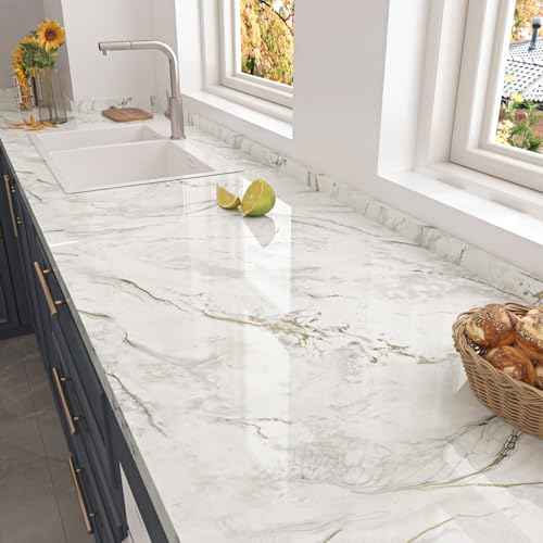 Beige/Gold Marble Peel and Stick Countertops Self Adhesive Marble Contact Paper for Countertops Stain Resistant Gold Granite Wallpaper Removable Vinyl Wrap for Kitchen Bathroom 15.8'' x 78.7''