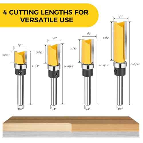 Junreox 4PCS Flush Trim Route Bit 1/4 Shank, Premium Pattern Flush Cut Route Bit with Bearing to Prevent Tear-Out, Straight Cut Carbide Tipped Template Router Bit for Woodworking, Milling, Trimming