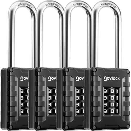 2.76 in Long Shackle Combination Locks | 4-Digit Padlocks for Gym Locker, Cabinets, Toolboxes, Gates, Fences, Sheds | 4-Pack, Black