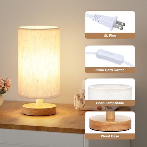 Fenmzee 9-Inch Cream Shade Wood Base Table Lamp with Inline Control and 3000K Bulb