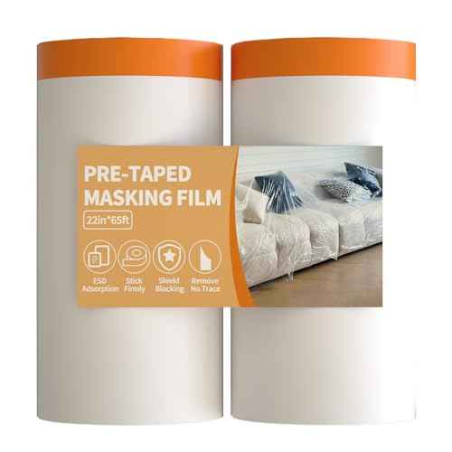 Pre-Taped Masking Film for Painting - 22" x 65' Painters Plastic Roll Sheeting with Automotive Paint Tape and Drape£¬Plastic Painting Film for Windows, Doors, Walls, Automotive Paint Masking£¨2 Rolls£©