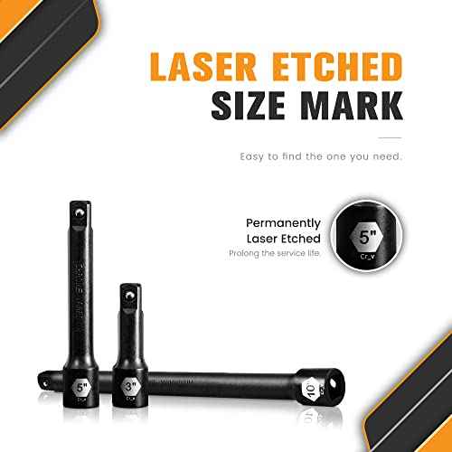 1/2-Inch Drive Impact Extension Bar Set | 3 Piece Socket Extensions 3" 5" & 10" Length | Premium Cr-V Steel with Black Phosphate Finish