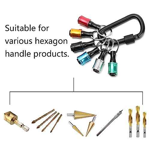 Bit Holder Key Chain 6pcs - 1/4 inch Hex Shank Bit Holders - Quick Release Design with Keychain Carabiner for Nut Driver, Screwdriver & Drill Bits, Aluminum Alloy, Color Coded - Gift for Men