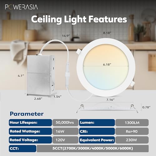 POWERASIA 2 Pack 7 Inch LED Recessed Canless Wafer Light - 5CCT Dimmable White