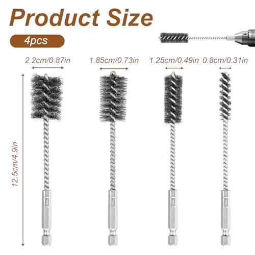4 PCS Stainless Steel Wire Brushes,Hex Shank Handle Small Wire Brushes,for Drill Ports Tubes Bearings Cleaning Parts Attachments and More,3/8'',1/2'',3/4'',7/8''