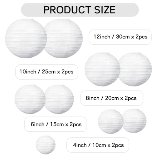 White Paper Lanterns Set of 10 - 4, 6, 8, 10, 12 Inch Hanging Decorations