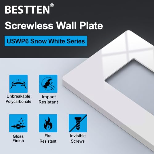 BESTTEN 10 Pack Screwless Snow White Decorator Wall Plates - 1 Gang, Standard Size