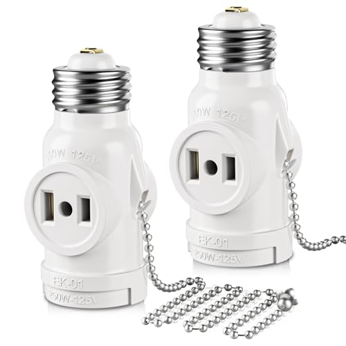 DiCUNO 2-Pack UL Listed E26 Light Socket to Plug Adapters with 15.75" Pull Chain - White