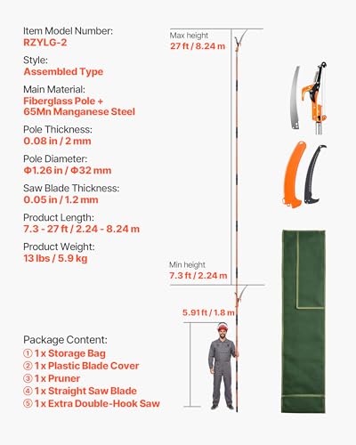 VEVOR Pro Extendable Pole Saw with Scissors - 7.3 to 27 ft Tree Pruner & Branch Trimmer