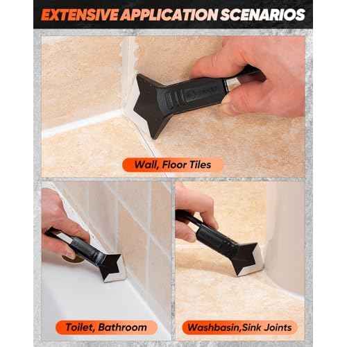Saker Silicone Caulking Tools-3 in 1 Sealant Finishing Tool Grout Remove Scraper (Stainless Steelhead),Caulk Remover Glass Glue Angle Scraper for Bathroom,Kitchen,Floor,Window,Sink Joint,Frames Seal