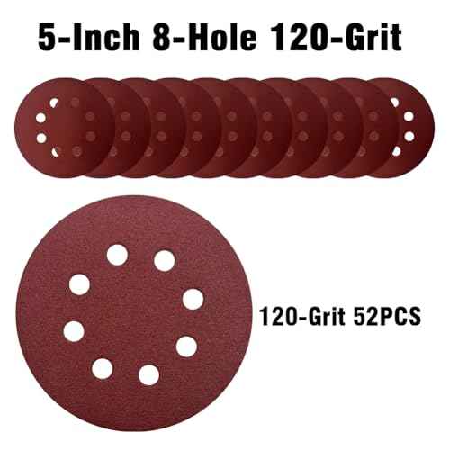 52 Pack 5 Inch 8-Hole Hook and Loop Sanding Discs Sandpaper Red Round 120 Grit Sandpaper for Random Orbital Sander