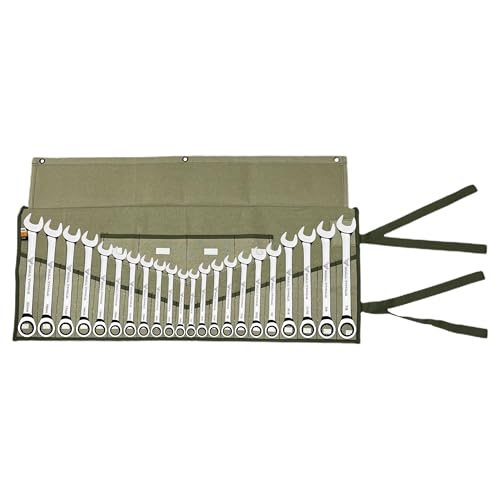 BULL TOOLS Tool Roll Organizer with 26 Pockets for Wrenches, Metric & SAE Durable Cotton Canvas, Roll-Up Tool Pouch for Mechanics, DIYers, & Electricians - Sand Washed Olive Drab (Tools Not Included)