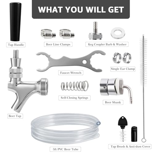 Kegerator Draft Beer Faucet Kit with Shank, 5 ft Line, Barb Fittings