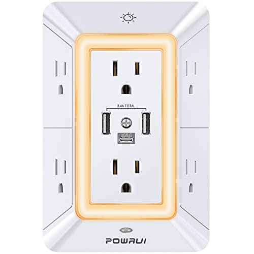 POWRUI Multi Plug 6 Outlet Surge Protector Extender with 3 USB Ports (1 USB C) and Night Light, 3-Sided Power Strip with Adapter Spaced Outlets, ETL Listed, White