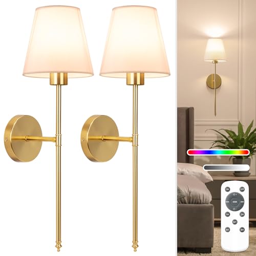 NIORSUN Gold Rechargeable Battery Wall Sconce Set of 2 - 24 Inch, Dimmable, Remote, 10 Color Options