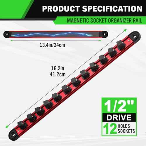 1/2-Inch Magnetic Socket Organizer Rail, Aluminum Alloy Socket Rail, Heavy Duty Sockets Holder with 12 Clips, 360¡Æ Swivel Clip Tool Tray, Sockets Organizer for Tool Box Drawer (Red)
