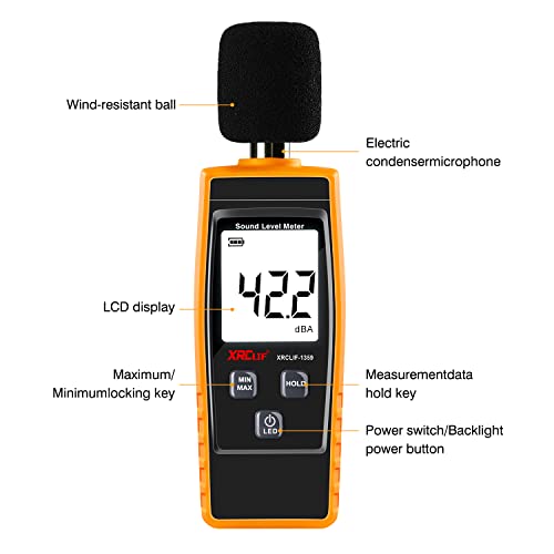 XRCLIF Handheld Decibel Meter 30-130dB(A) with Backlight Alarm, Data Hold