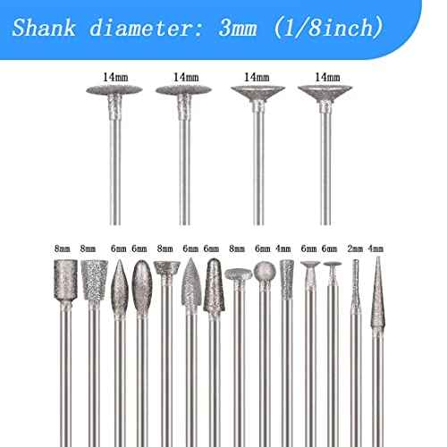 Luo ke 18 Pcs Assorted Diamond Burr - 1/8 Inch Shank Diamond Burs Stone Carving Bits for Dremel Rotary Tools