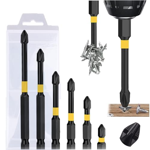 Magnetic Screwdriver Bit Set, 6PCS Electric Drill Screwdrivers Bits 1/4 Inch PH2 Hexagon TS2 Steel Heavy Duty Impact Screwdrivers Anti Slip Cross Slot Screwdriver Bit Set