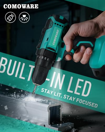 COMOWARE 20V Cordless Drill Set with Bits, Charger, Battery & Green Storage Case