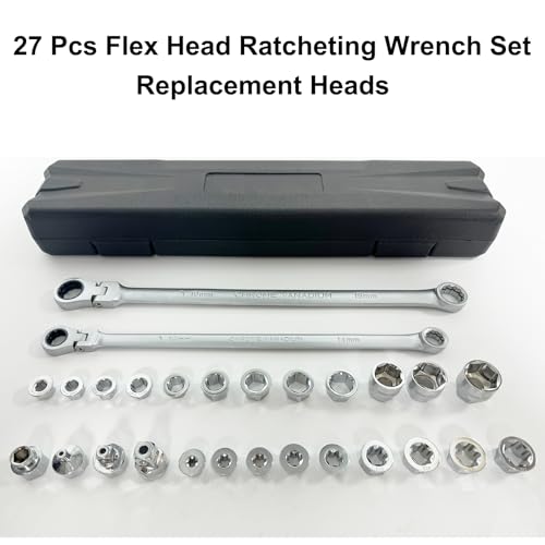 TR TOOLROCK 27PCS Extra Long Flex Head Ratcheting Wrench Set, Metric Double Box End Ratchet Wrench Set with Replacement Heads, 72-Tooth, E-type 8-22mm, 1/4", 3/8", 1/2" Socket Adapters