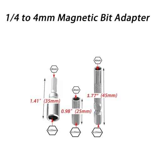 1/4 to 4mm Bit Adapter, 6pcs Set, 45mm & 25mm Length, Magnetic, Hex Shank, For 4mm & 6.35mm Bits
