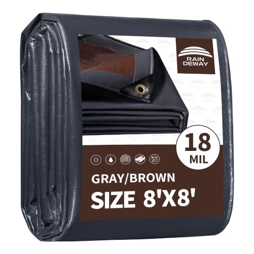 RAINDEWAY 8x8 Feet Gray/Brown Heavy Duty Waterproof Tarp - 18 Mil, Reinforced Edges