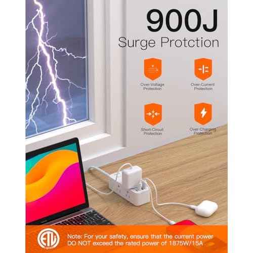 Power Strip Surge Protector, BESHON 5Ft Extension Cord, 6 Outlets with 4 USB Ports (2 USB C Outlet), 3-Side Outlet Extender, Wall Mount, Compact for Travel, Home, School, College Dorm Room and Office