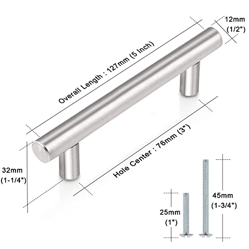 Probrico 30 Pack 3 Inch Hole Center Kitchen Cabinet Handles Brushed Nickel Stainless Steel T Bar Pulls