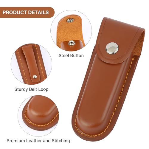 Leather Pocket Knife Sheath, 5" Folding Knife Case, Durable Multitool Holster with Snap Closure and Belt Loop, EDC Knife Pouch for Multitools, Pocket Knives, and Outdoor Activities, Brown